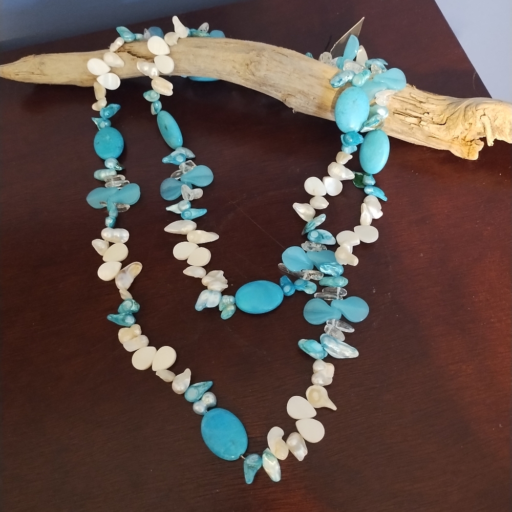 Double strand freshwater pearls and shell necklace